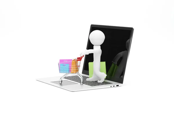 Klein Karakter Met Een Winkelwagentje Een Laptop Computer Witte Achtergrond — Stockfoto
