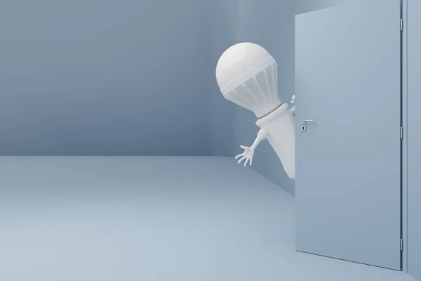 一个铅球站在门口挥动着手 节能概念 文字空间 3D渲染 — 图库照片