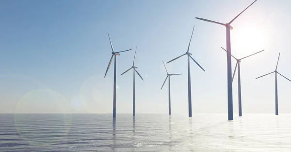 Wind Turbine Offshore Plant Ocean Sunrise Rendering Alternative Energy Production — Stock Photo, Image