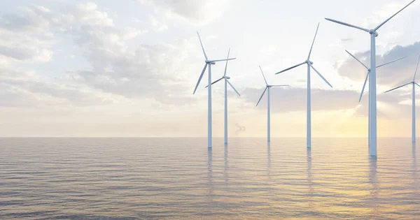 Wind turbine offshore plant in an ocean at sunrise, 3d rendering, alternative energy production, renewable and eco friendly power generation