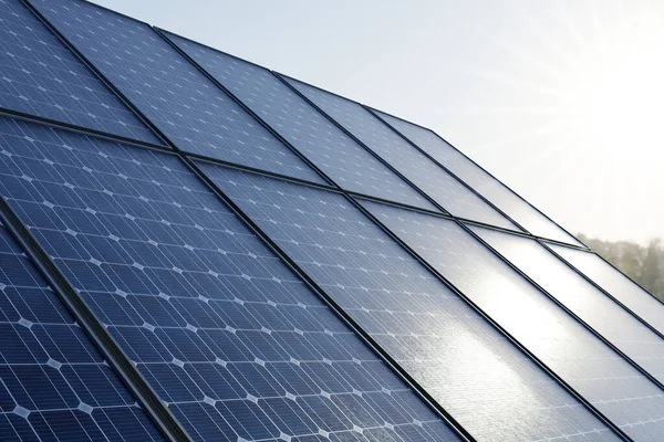 Solar Power Plant Rising Sun Selective Focus First Solar Panel — Stock Photo, Image