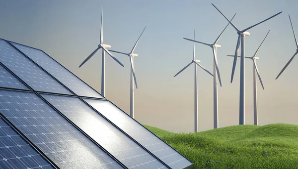 Gündoğumunda rüzgar türbini santrali ve güneş panelleri, 3D işleme, alternatif enerji üretimi, yenilenebilir ve çevre dostu enerji üretimi