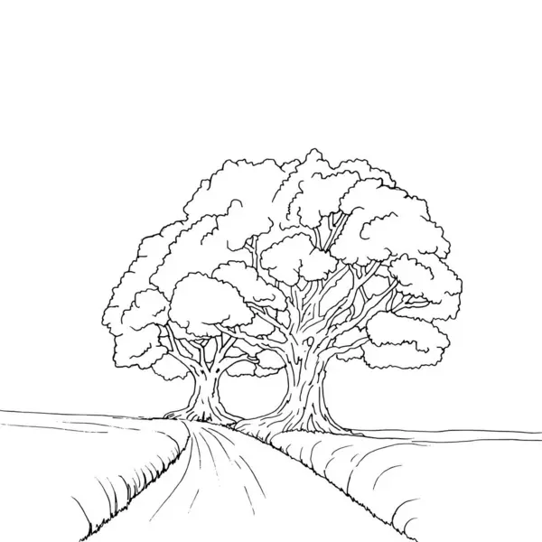 Çimenli bir tepedeki büyük bir ağacın çizgi çizimi, logo veya tasarım unsuru olarak kullanılan siyah ve beyaz çizgi çizimi, vektör illüstrasyonu