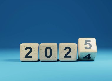 2024 ve 2025 yıllarında ahşap küplerin fırlatılması, yeni yıl konsepti, 3D yorumlama