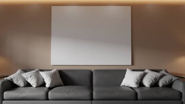 Gri kanepesi ve büyük bir tuval posteri olan modern saflaştırma odası, modern yaşam konsepti, ılık sonbahar renkleri, poster gibi.