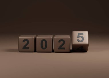 Kahverengi küplerin 2024 ve 2025 numaralı yıllarla çevrilmesi, Yeni Yıl konsepti, 3D yorumlama