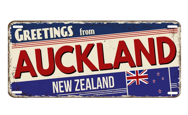 Greetings Auckland Vintage Rusty Metal Plate White Background Vector Illustration — Stock Vector