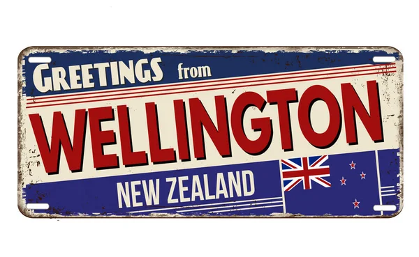 Welcome Wellington Vintage Rusty License Plate White Background Vector Illustration — Stock Vector