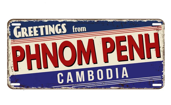 Beyaz Zemin Üzerinde Phnom Penh Vintage Metal Plaka Selamlar Vektör — Stok Vektör