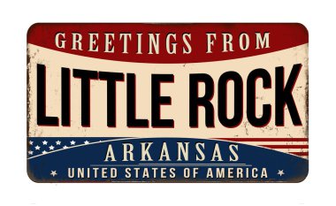 Beyaz arka planda Little Rock klasik paslı metal tabelasından selamlar, vektör illüstrasyonu