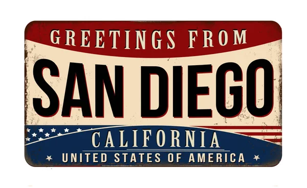 Üdvözlet San Diego Vintage Rozsdás Fém Tábla Fehér Háttér Vektor — Stock Vector