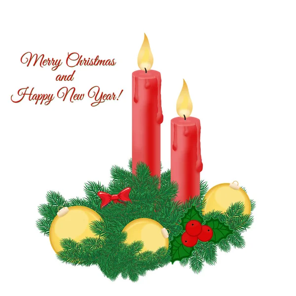 Christmas Time Red Candles Yellow Balls Green Branches White Background — Stock Vector