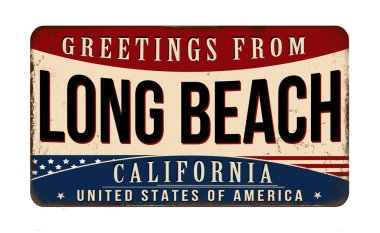 Beyaz arka planda Long Beach klasik paslı metal tabelasından selamlar, vektör illüstrasyonu