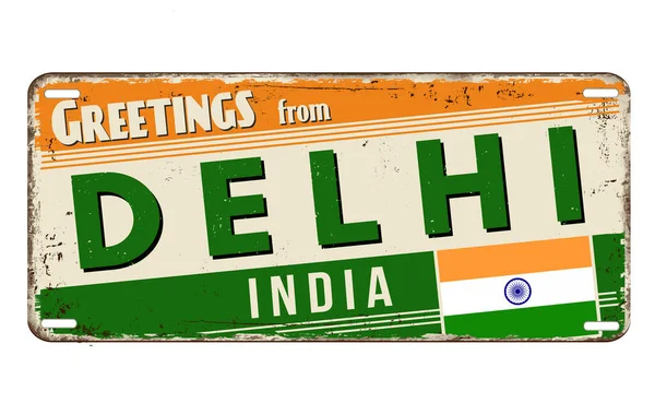 Greetings Delhi Vintage Rusty Metal Plate White Background Vector Illustration — Stock Vector