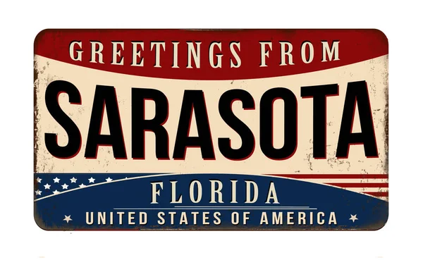 stock vector Greetings from Sarasota vintage rusty metal sign on a white background, vector illustration