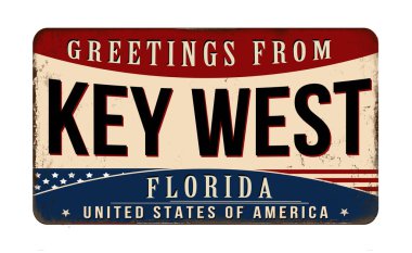 Greetings from Key West vintage rusty metal sign on a white background, vector illustration