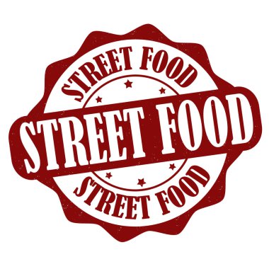 Beyaz arka planda sokak yiyecekleri etiketi veya damgası, vektör illüstrasyonu
