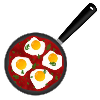 Shakshouka (shakshuka) served in a frying pan with parsley on a white background, vector illustration
