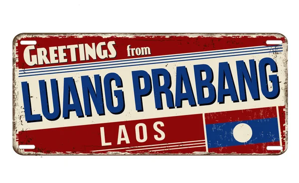 Luang Prabang Dan Selamlar Beyaz Arka Planda Paslı Metal Tabelası — Stok Vektör