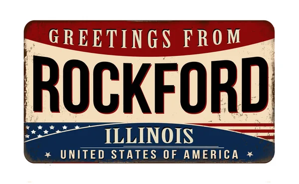Groeten Van Rockford Vintage Roestig Metalen Bord Een Witte Achtergrond — Stockvector