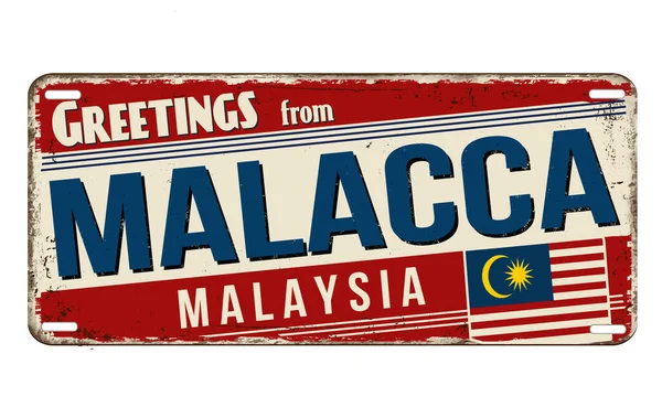 Saluti Malacca Vintage Segno Metallo Arrugginito Sfondo Bianco Illustrazione Vettoriale — Vettoriale Stock