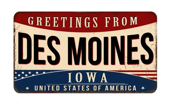 白色背景上的Des Moines老式锈蚀金属标志的问候 矢量图解 — 图库矢量图片