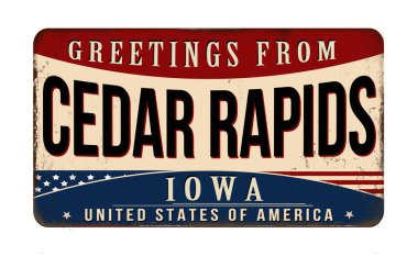Beyaz arkaplanda Cedar Rapids 'in paslı metal tabelasından selamlar, vektör çizimi