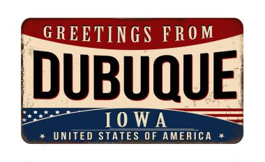 Beyaz arkaplandaki Dubuque vintage metal tabelasından selamlar, vektör illüstrasyonu