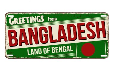 Beyaz arkaplanda Bangladeş 'in paslı metal tabelasından selamlar, vektör illüstrasyonu