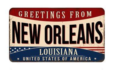 Beyaz arka planda New Orleans klasik paslı metal tabelasından selamlar, vektör illüstrasyonu