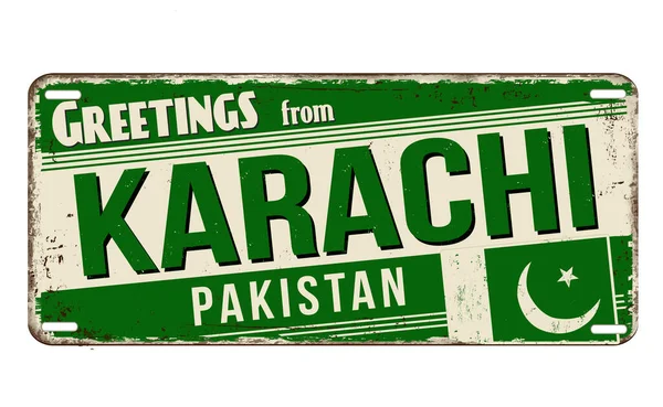 Saluti Karachi Vintage Segno Metallo Arrugginito Sfondo Bianco Illustrazione Vettoriale — Vettoriale Stock
