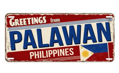 Beyaz arka planda Palawan vintage metal tabelasından selamlar, vektör illüstrasyonu