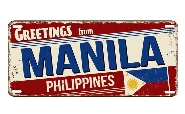 Beyaz Arkaplanda Manila Vintage Paslı Metal Tabelasından Selamlar Vektör Illüstrasyonu — Stok Vektör