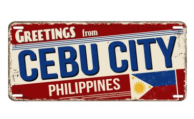 Beyaz arka planda, Cebu şehrinin paslı metal tabelasından selamlar, vektör illüstrasyonu