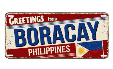 Beyaz arkaplandaki Boracay vintage metal tabelasından selamlar, vektör illüstrasyonu