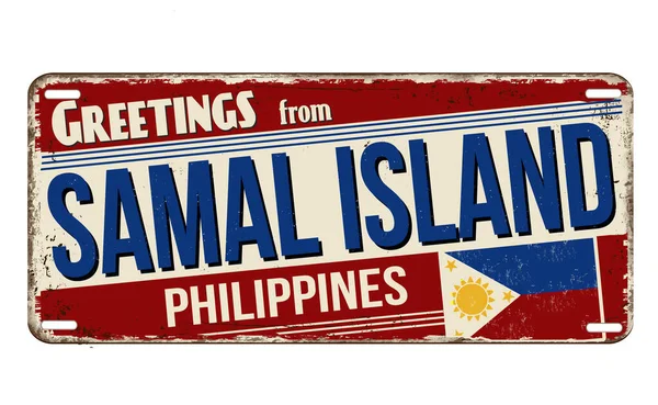 Hälsningar Från Samal Island Vintage Rostig Metall Tecken Vit Bakgrund — Stock vektor