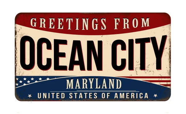 Salutations Ocean City Vintage Métal Rouillé Signe Sur Fond Blanc — Image vectorielle