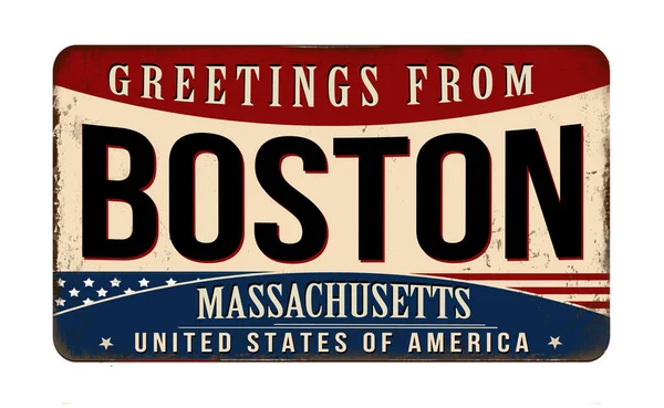 Hälsningar Från Boston Vintage Rostig Metall Tecken Vit Bakgrund Vektor — Stock vektor
