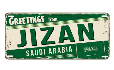 Beyaz arka planda Jizan vintage metal tabelasından selamlar, vektör illüstrasyonu