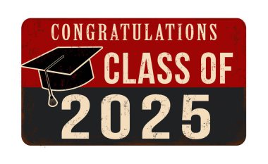 Beyaz arka planda 2025 sınıfı paslı metal tabelası, vektör illüstrasyonu