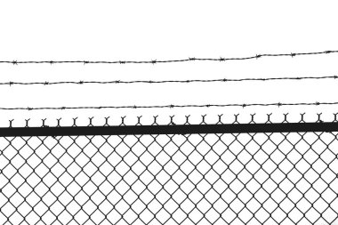 Beyaz arkaplanda dikenli telli metal çit, vektör illüstrasyonu 