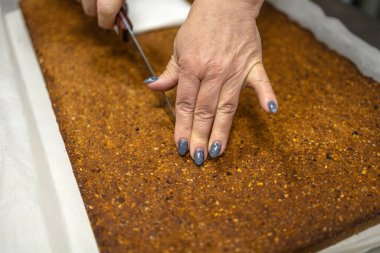 Ev yapımı müsli ve kurutulmuş meyve büfesi hazırlayan ellerin yakın çekimi, malzemeleri ve pişirme sürecini gösteriyor..