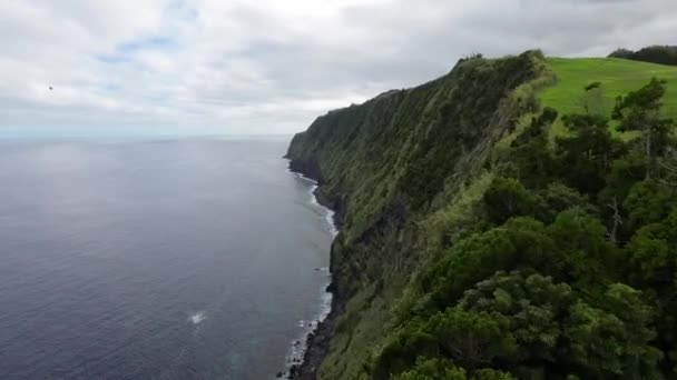 Vista Aérea Volando Cerca Costa Rocosa Aguas Espumosas Del Océano — Vídeo de stock