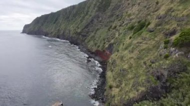 Okyanus adasının köpüklü suları kayalık sahil boyunca uçan hava manzarası