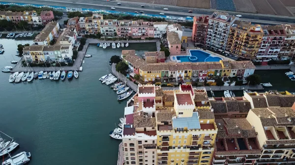 Aerial View Flight City Alboraya Port Saplaya Water Channels Yachts 免版税图库图片