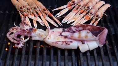 Cooking Scampi (Nephrops Norvegicus) Langoustines and squid on grill. Closeup. 