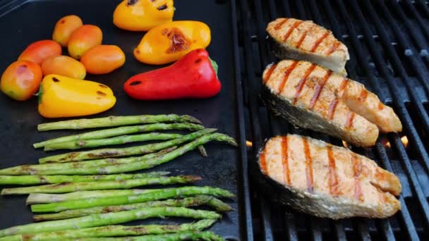 Cooking Grilled Fish Steak Salmon Asparagus Tomato Pepper Grill Close — Stock Video