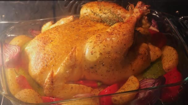 Matlagning Bakad Hel Kyckling Med Grönsaker Ugnen Time Lapse — Stockvideo