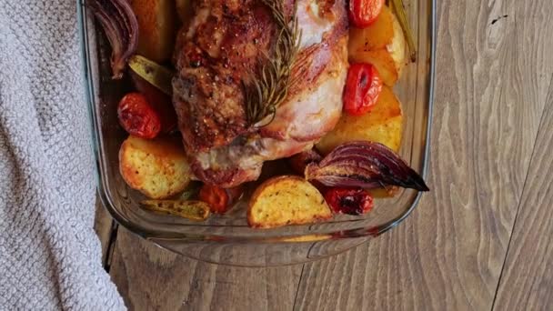 Roasted Leg Lamb Vegetables Top View — Stock Video