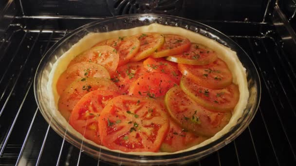 Cooking Process Baked Puff Pastry Pie Tart Tomato Oven Time — Stock Video